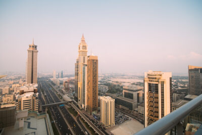 Dubai skyline in sunset time, United Arab Emirates